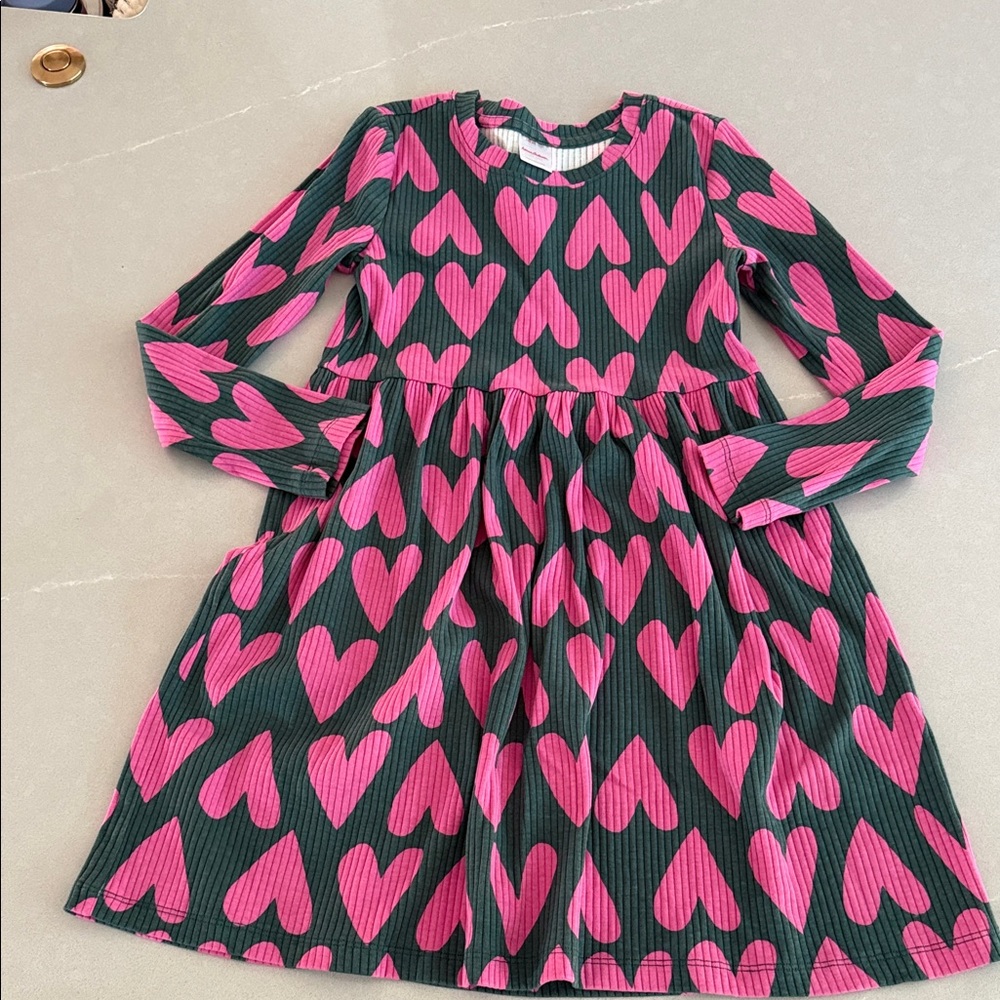 Hanna Anderson Girls Green and Pink Heart Kids Dress
